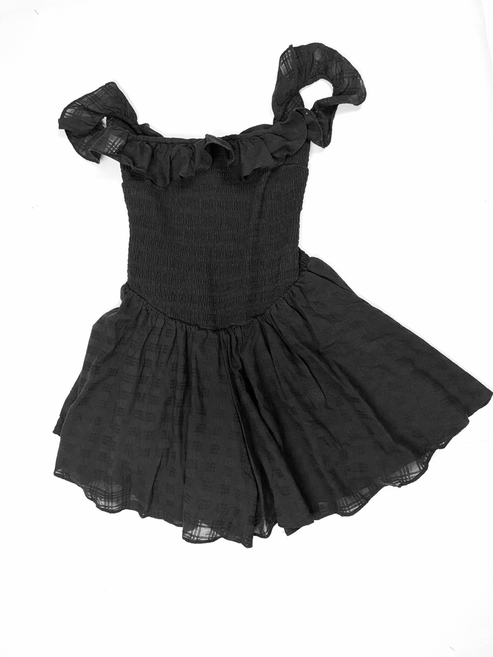 Kimchi Blue UO Easy Ryder Smocked Romper Shorts Black Ruffled Off Shoulder M